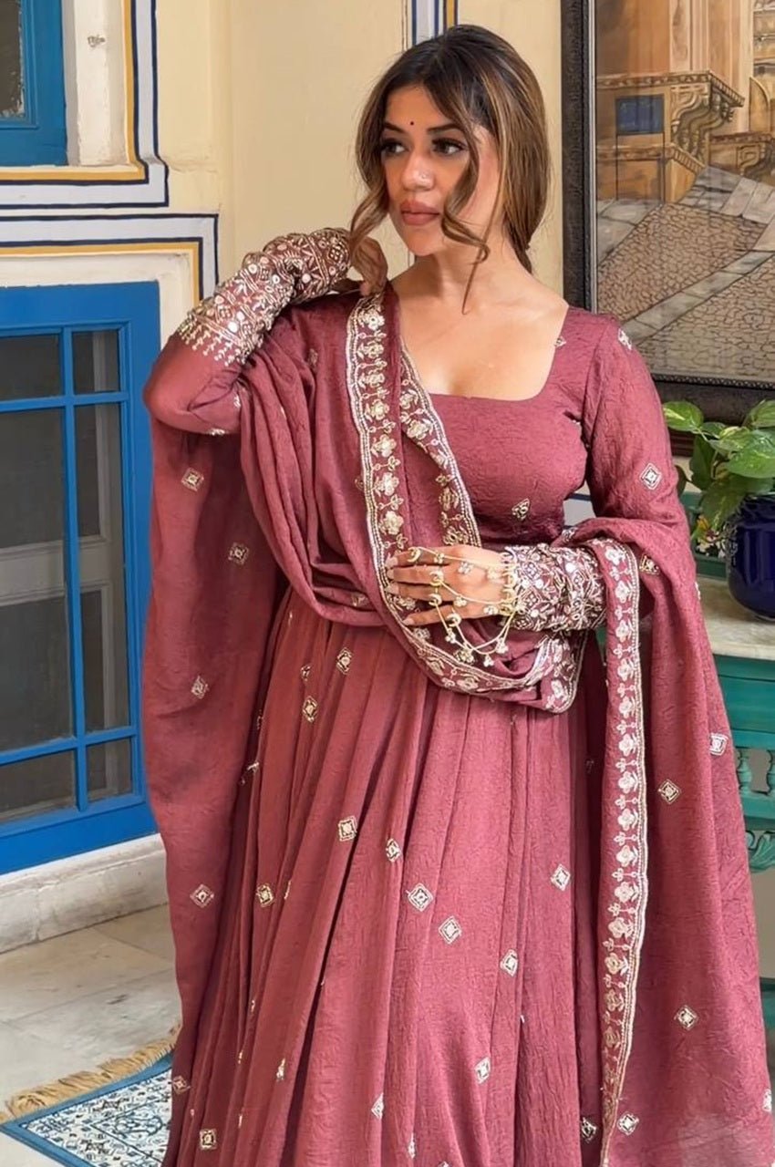 Dark Rose Mul Chanderi Silk Gown Set