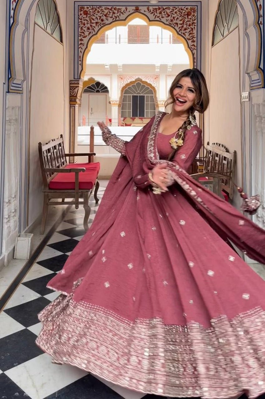 Dark Rose Mul Chanderi Silk Gown Set