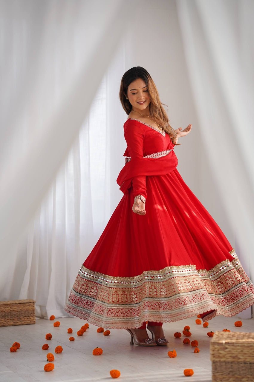 Red Blooming Vichitra Silk Embroidered Anarkali Suit