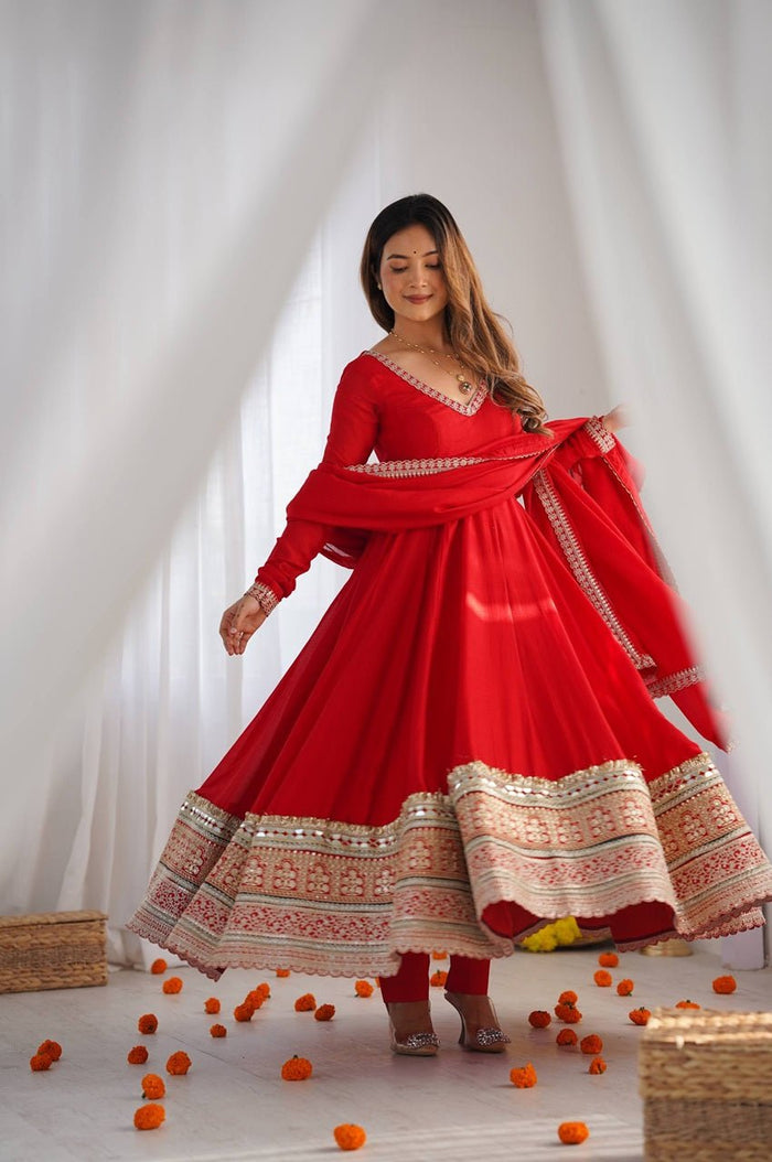 Red Blooming Vichitra Silk Embroidered Anarkali Suit