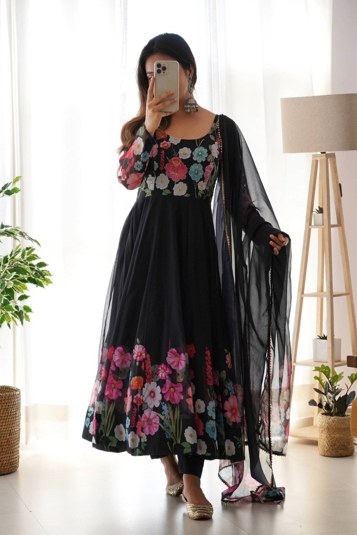 Elegant Black Floral Print Anarkali with Zari Work