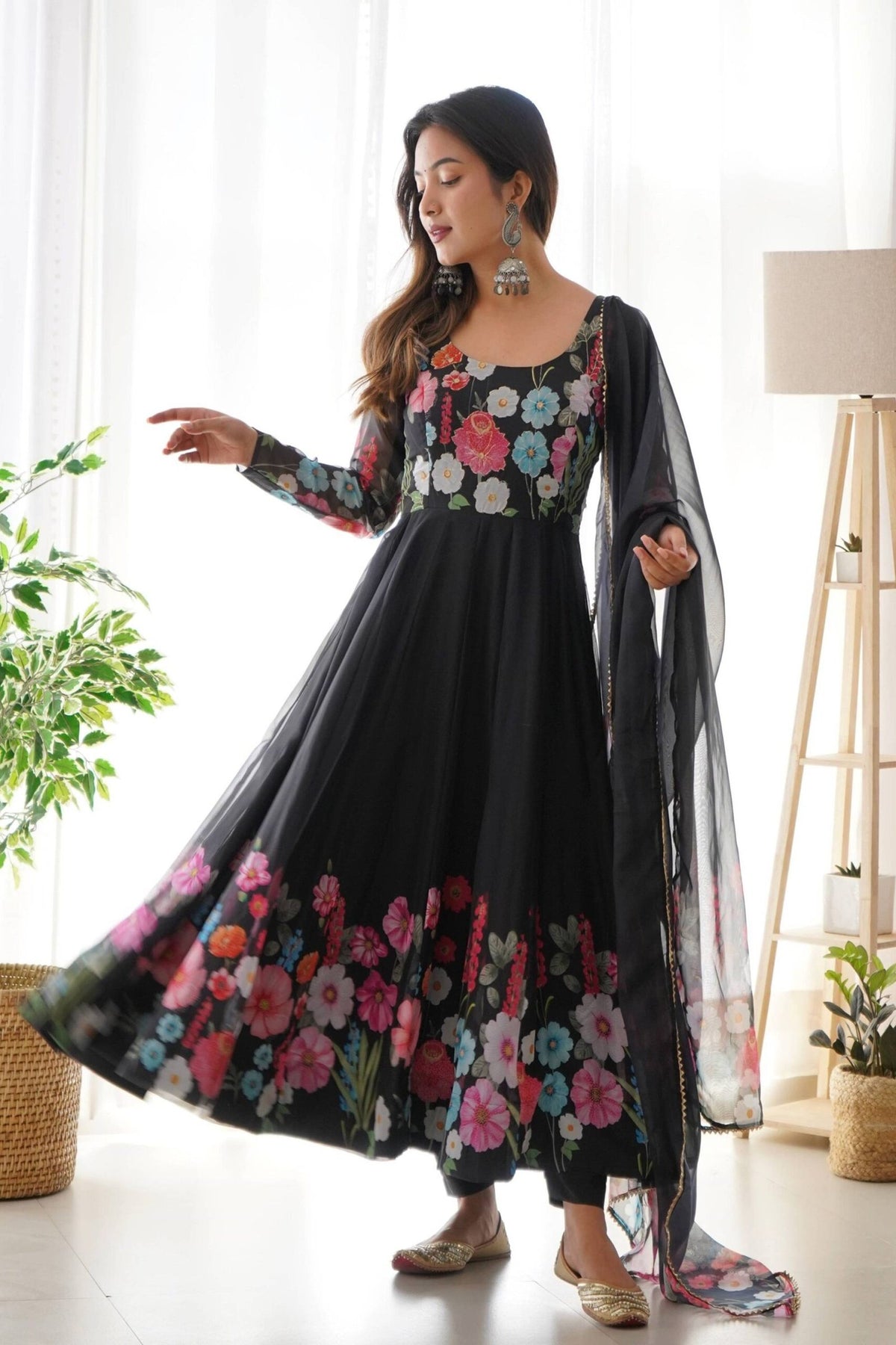 Elegant Black Floral Print Anarkali with Zari Work
