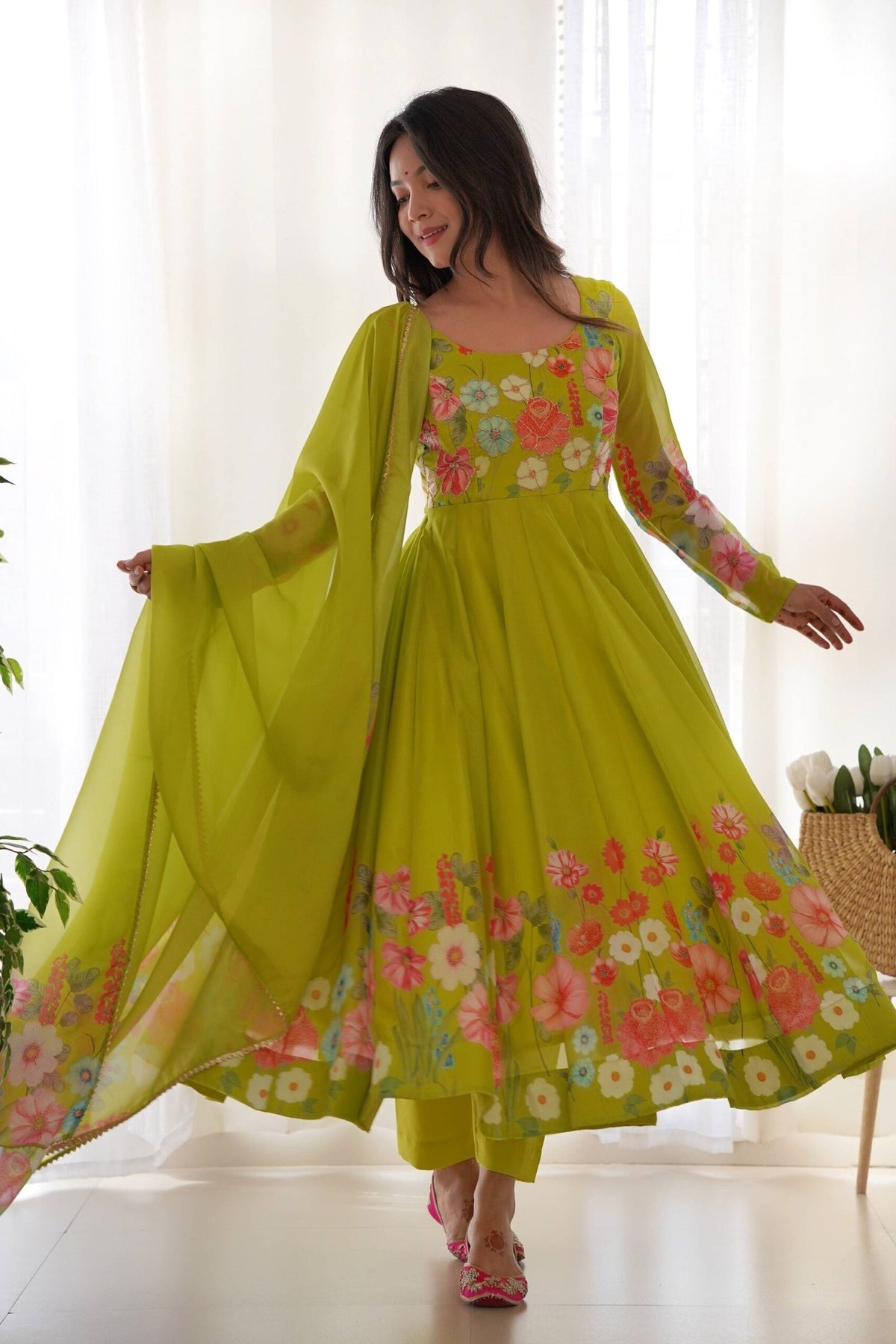 Neon Yellow Floral Anarkali
