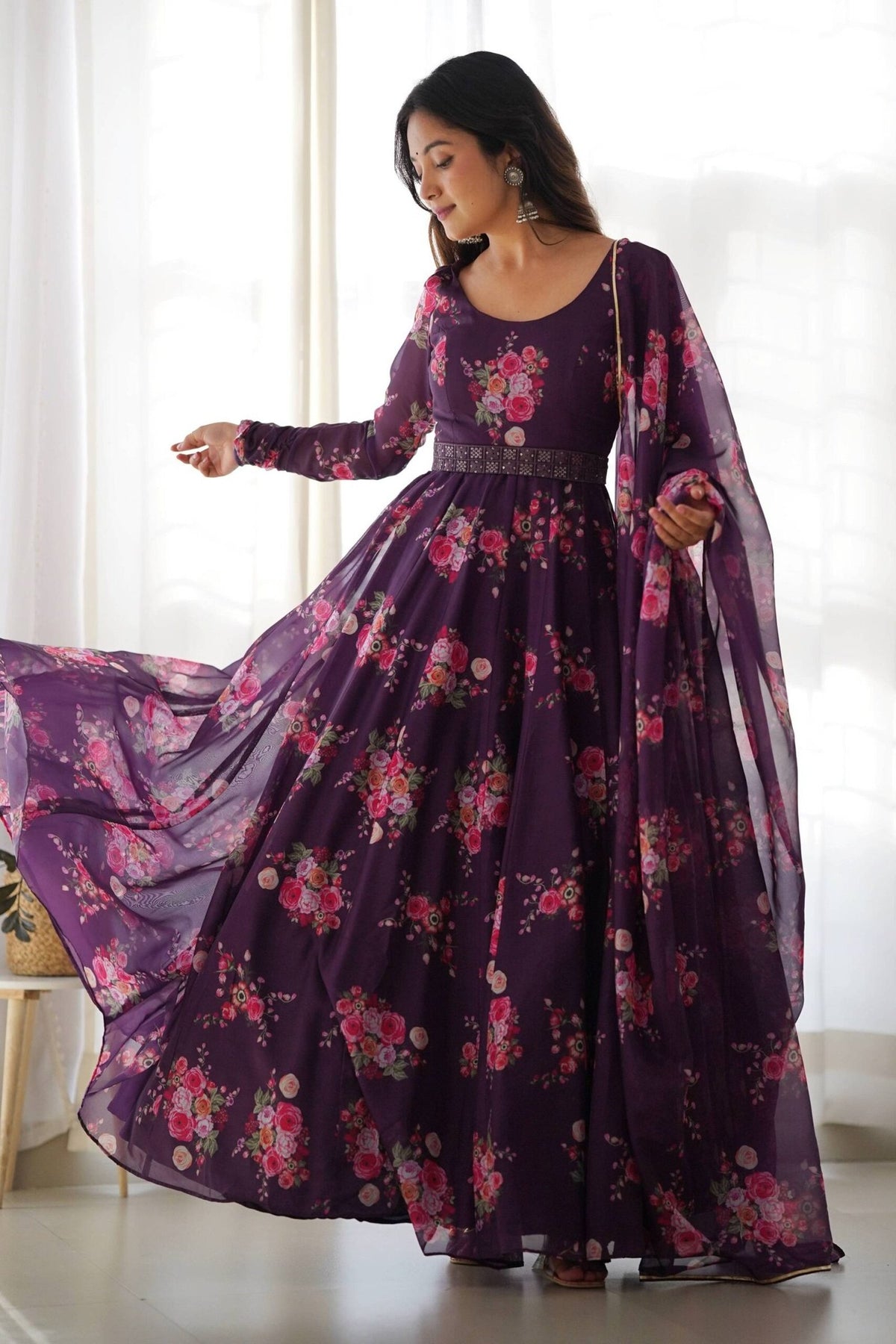 Wine Color Floral Gown