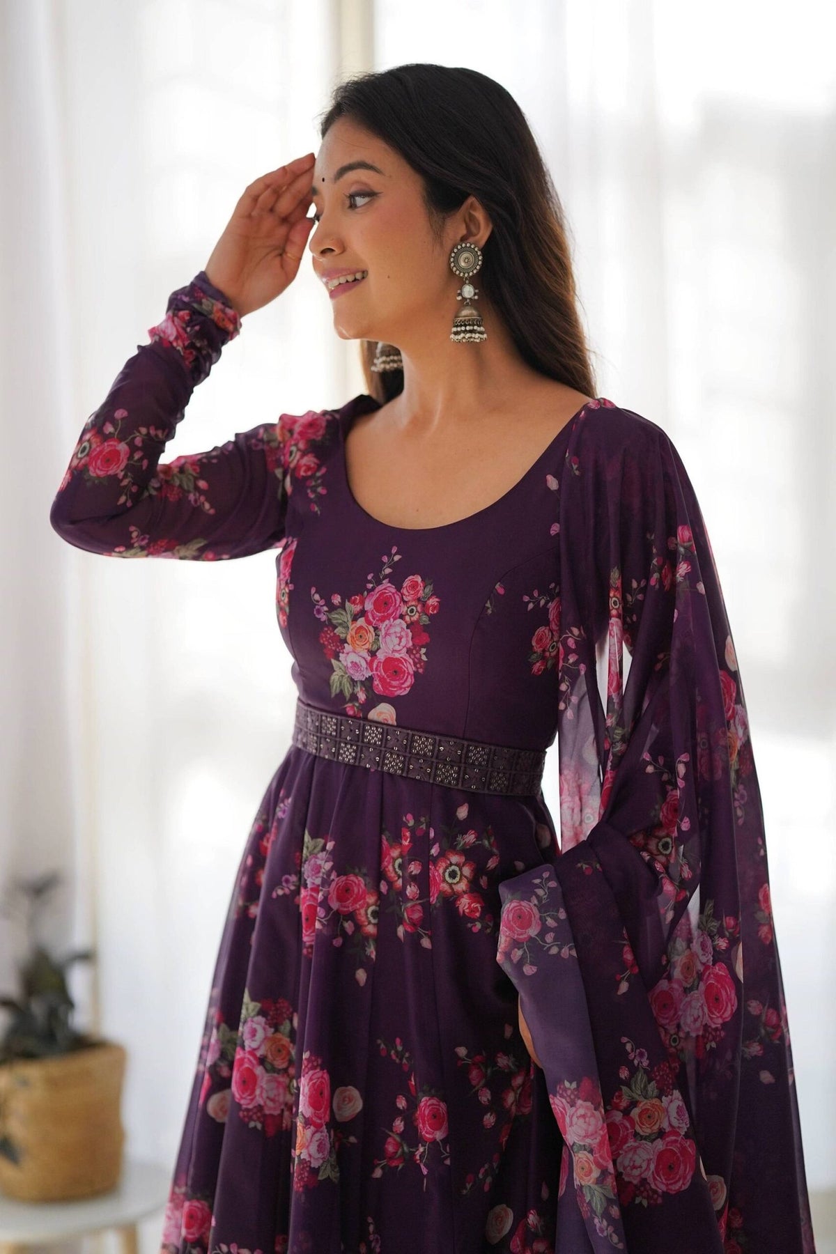 Wine Color Floral Gown