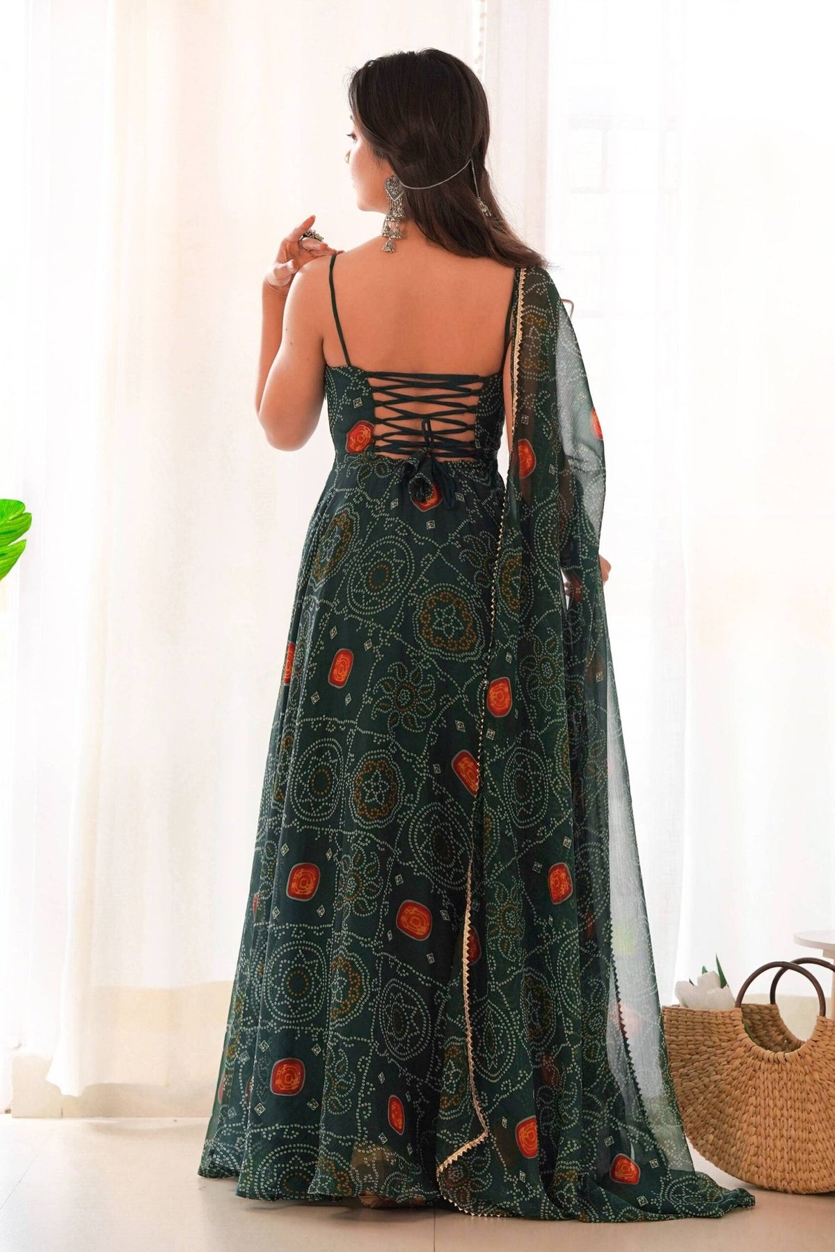Green Bandhej Print Chiffon Gown