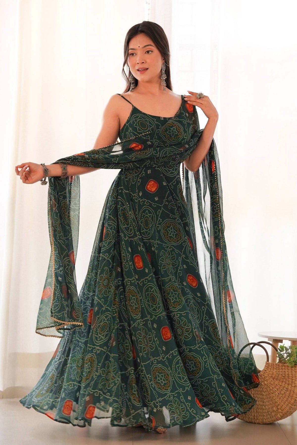 Green Bandhej Print Chiffon Gown