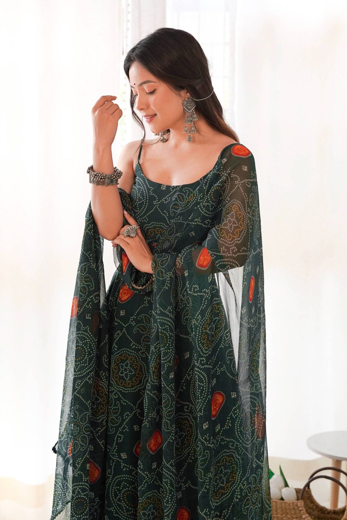 Green Bandhej Print Chiffon Gown