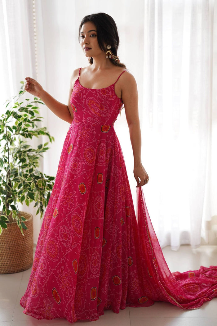 Elegant Pink Bandhej Print Chiffon Gown