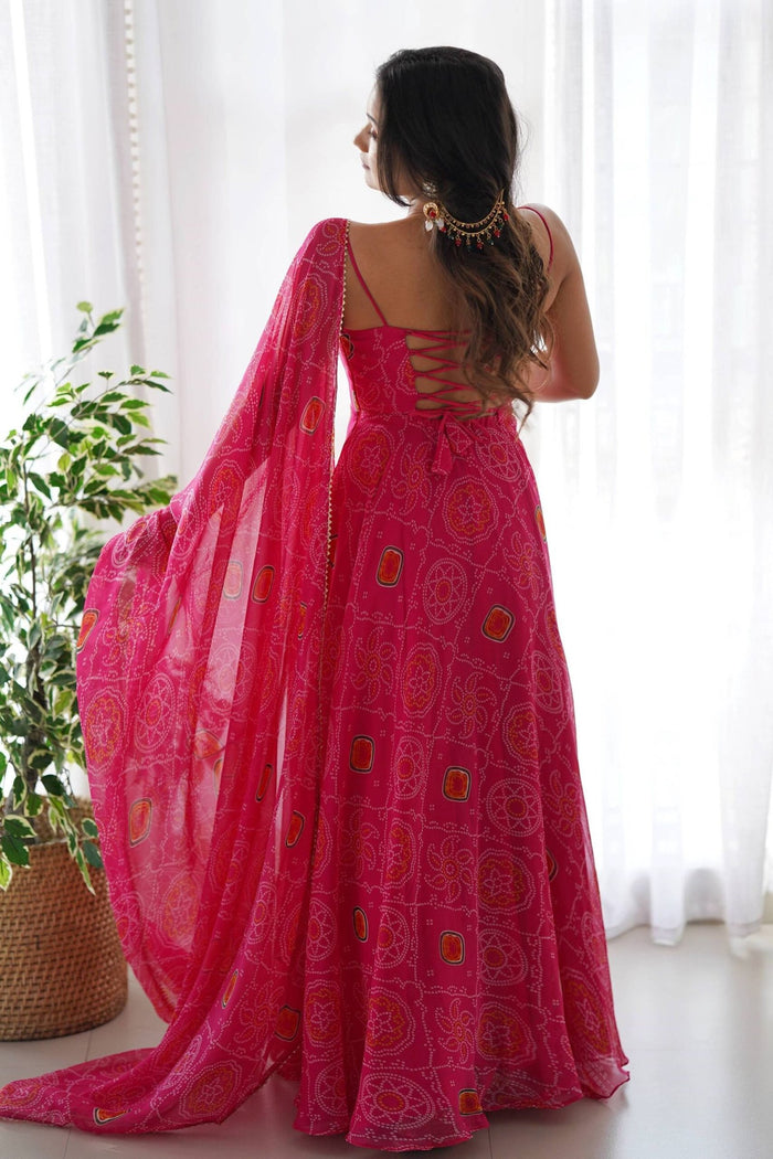 Elegant Pink Bandhej Print Chiffon Gown
