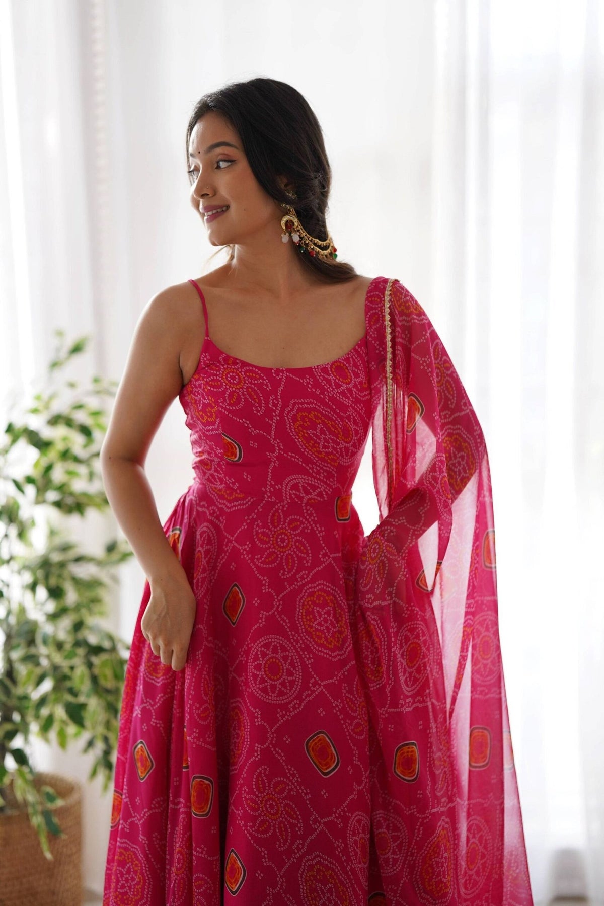 Elegant Pink Bandhej Print Chiffon Gown