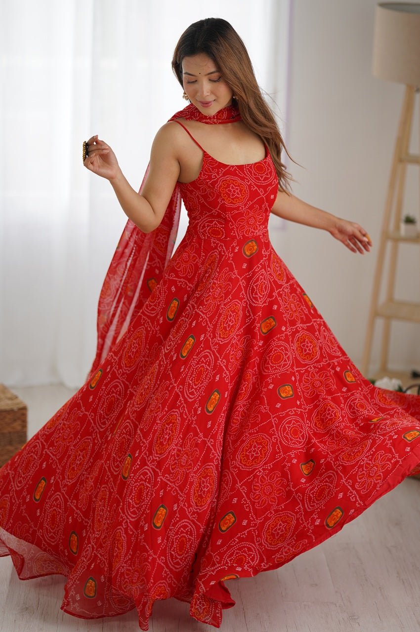 Red Bandhej Print Chiffon Anarkali Gown