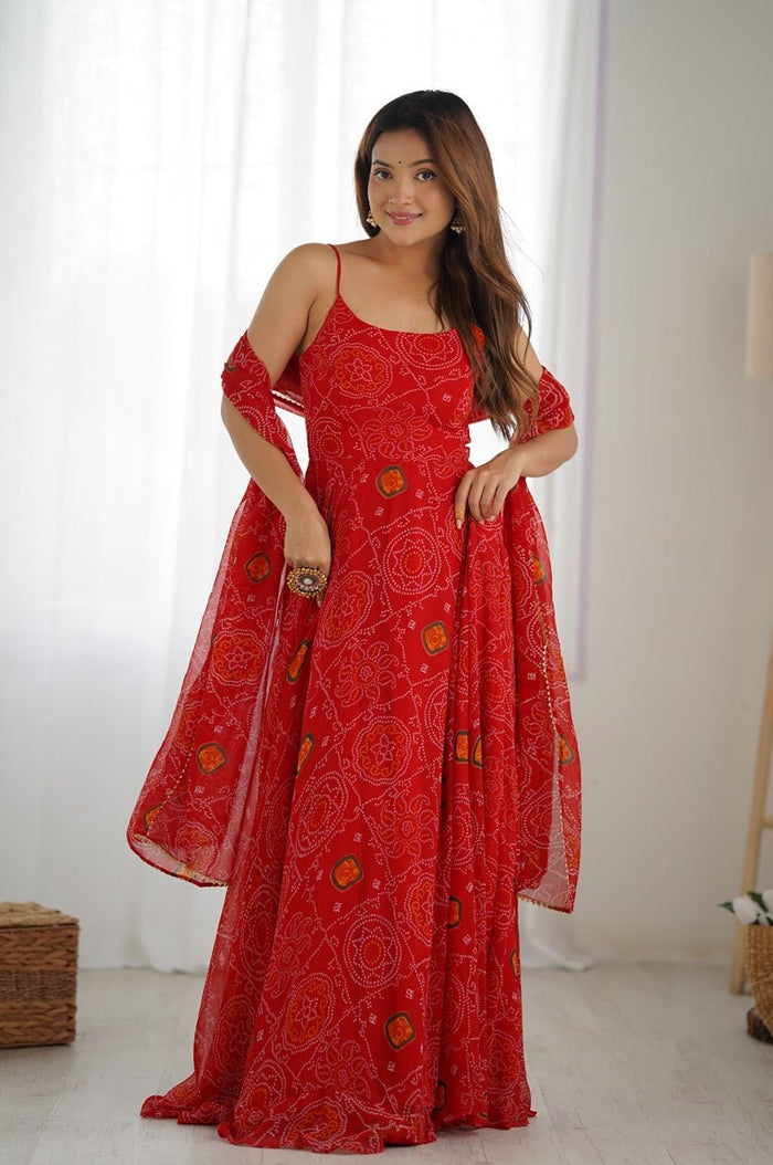 Red Bandhej Print Chiffon Anarkali Gown