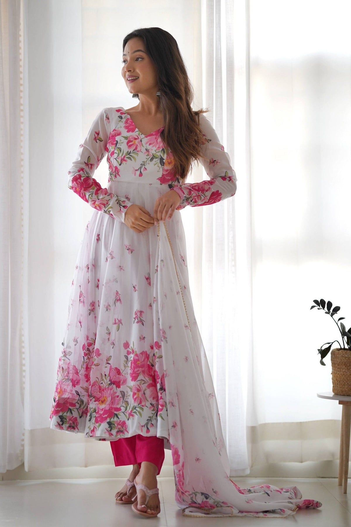 Elegant White Floral Print Anarkali Set