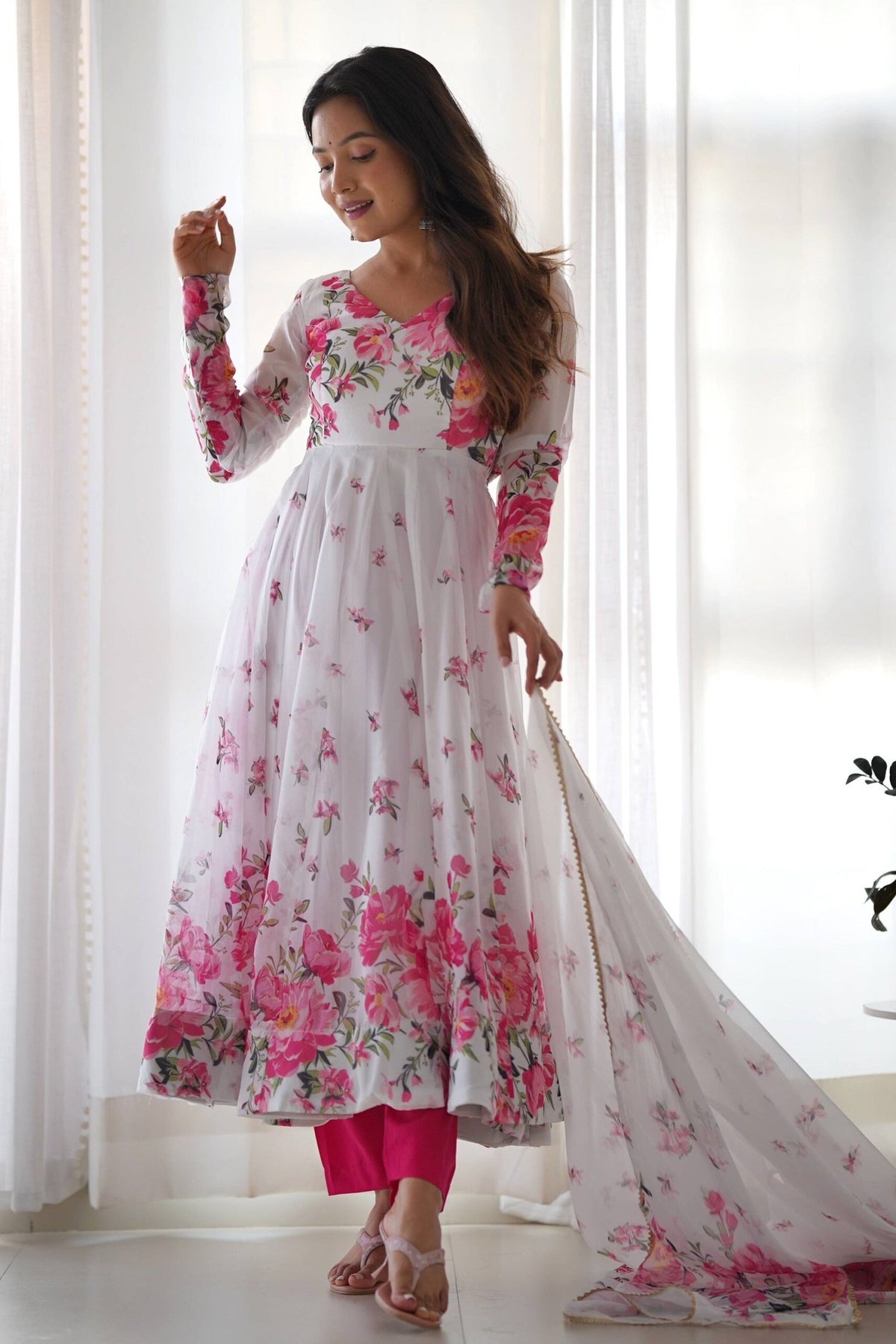 Elegant White Floral Print Anarkali Set