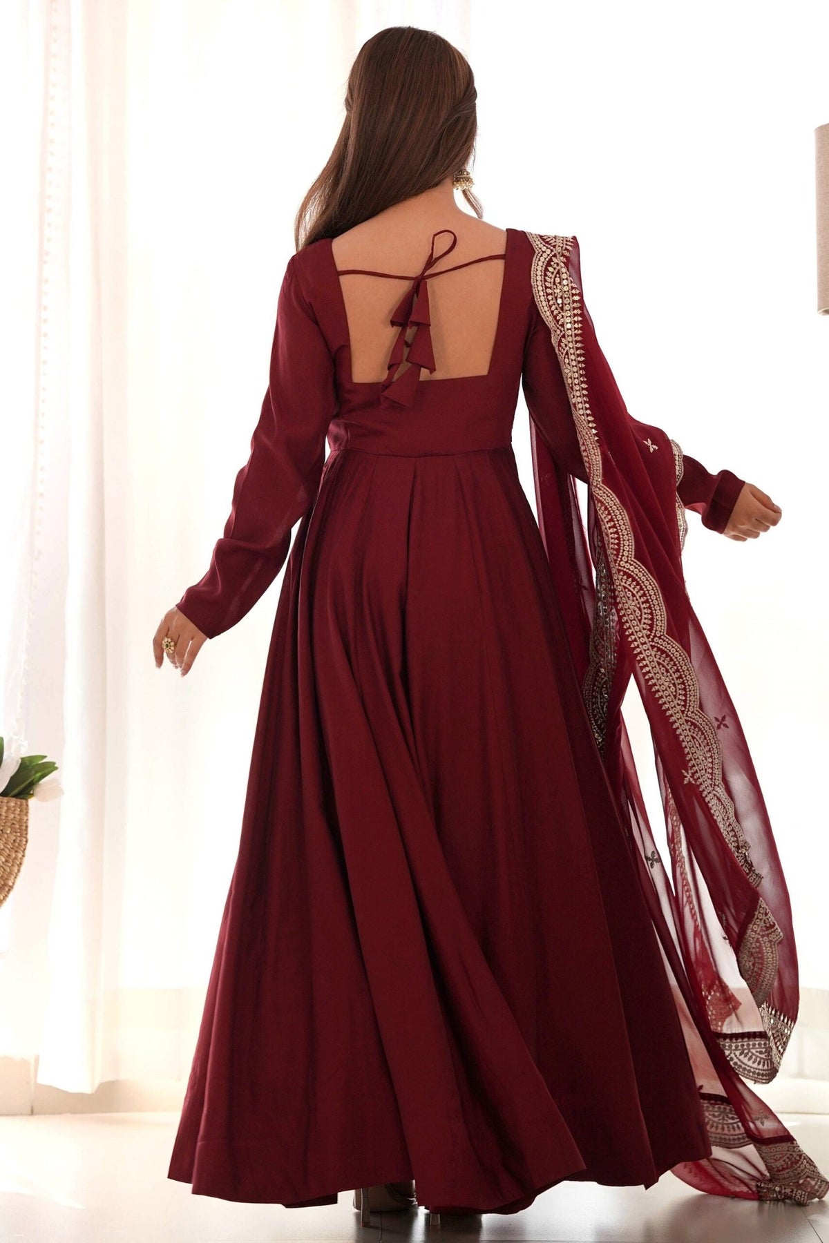 Elegant Maroon Roman Chanderi Silk Anarkali Set