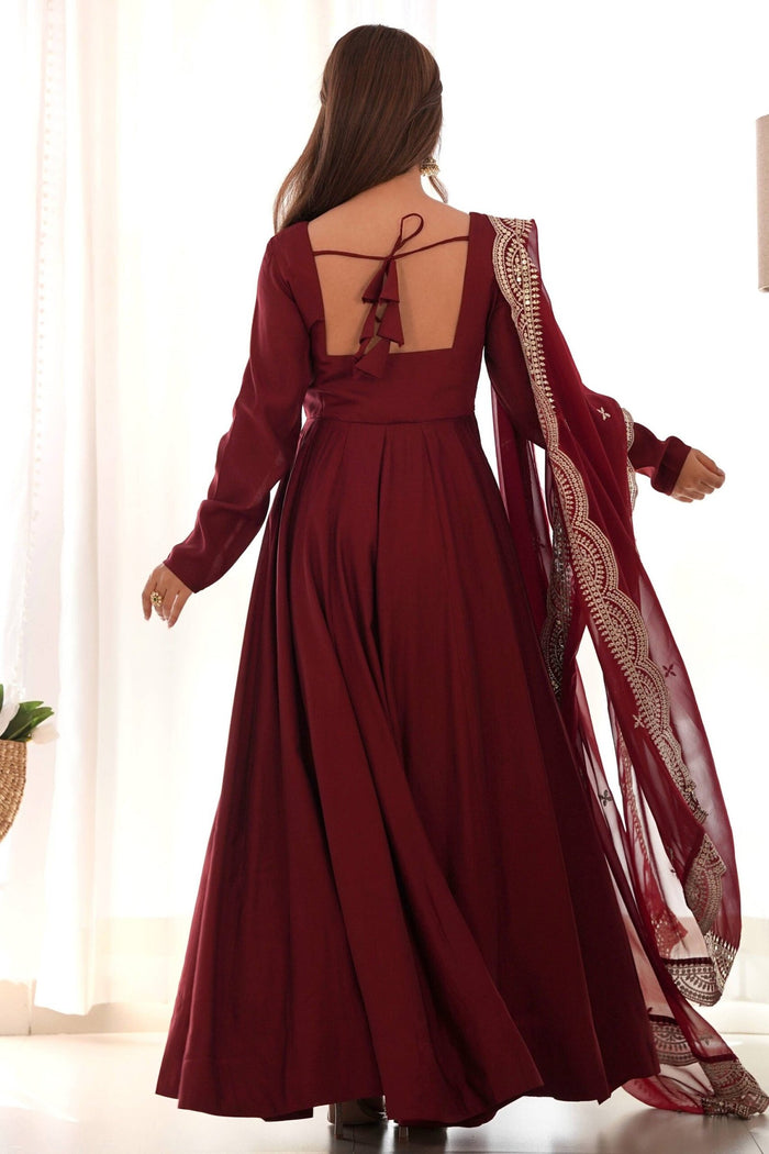 Elegant Maroon Roman Chanderi Silk Anarkali Set