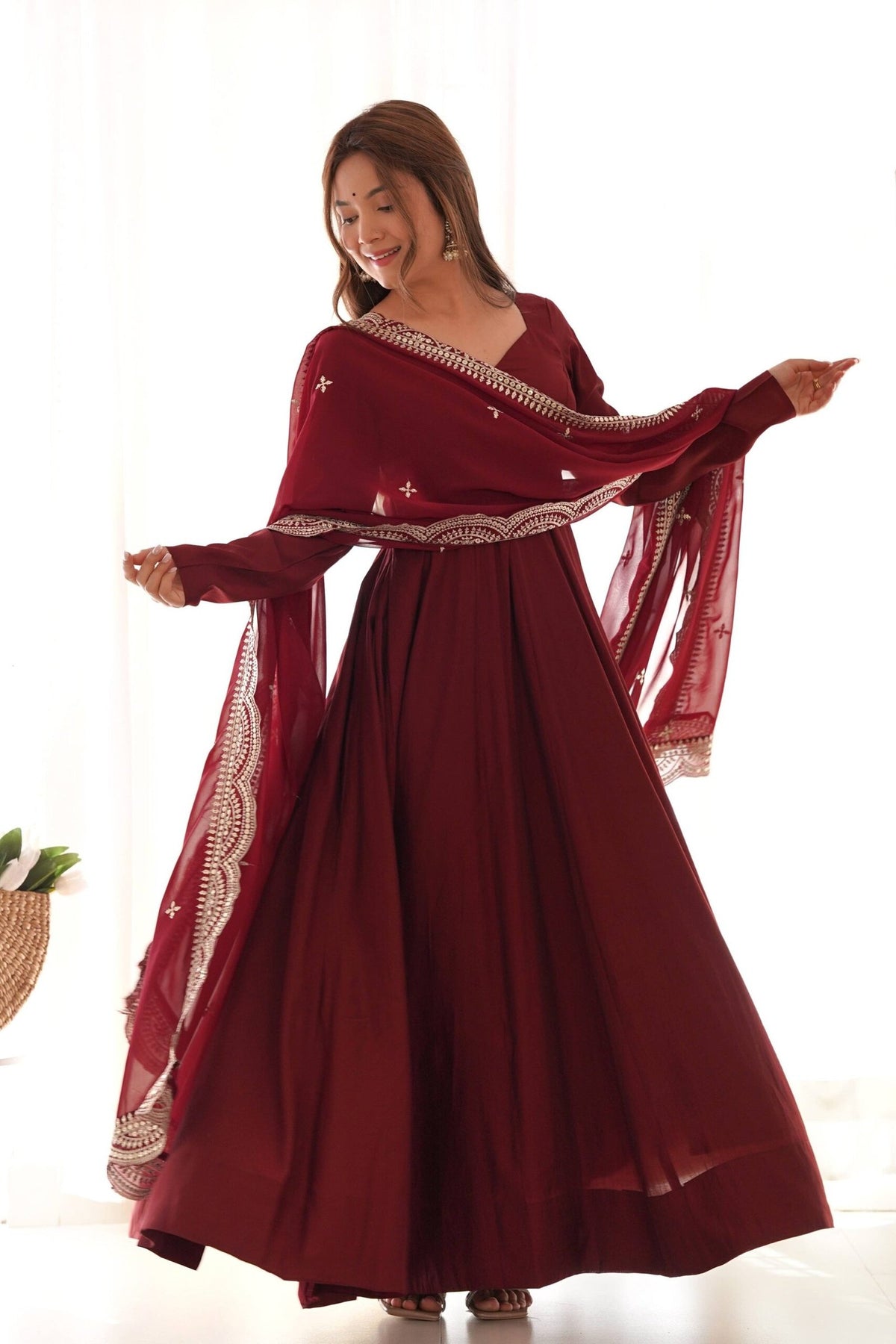 Elegant Maroon Roman Chanderi Silk Anarkali Set