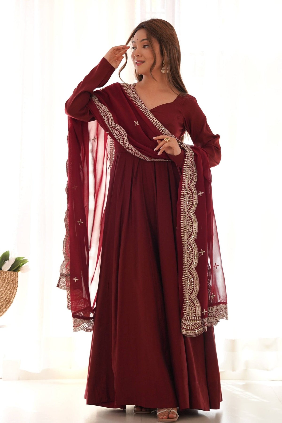 Elegant Maroon Roman Chanderi Silk Anarkali Set