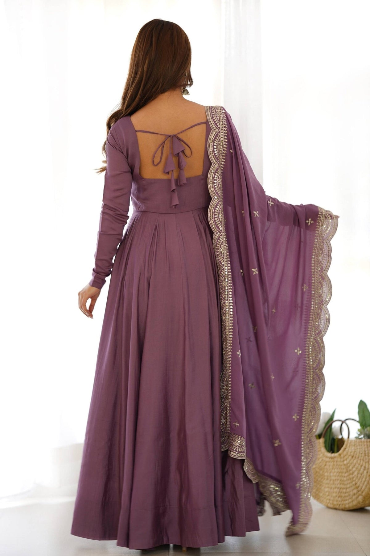 Mauve Pure Romansilk Chanderi Anarkali Suit