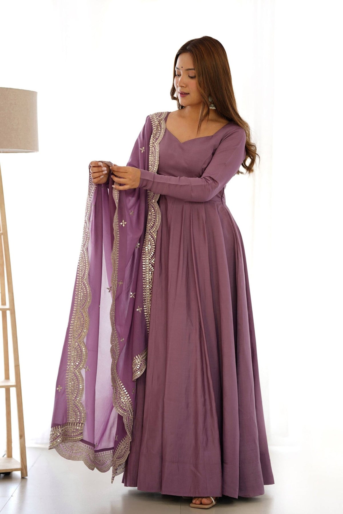 Mauve Pure Romansilk Chanderi Anarkali Suit