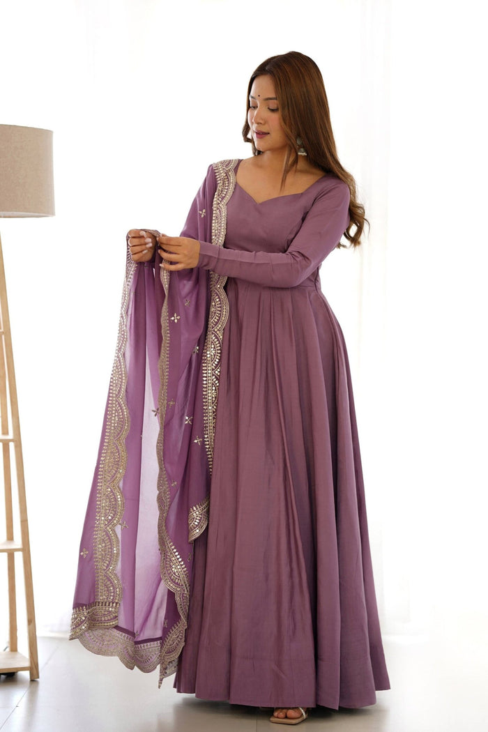 Mauve Pure Romansilk Chanderi Anarkali Suit
