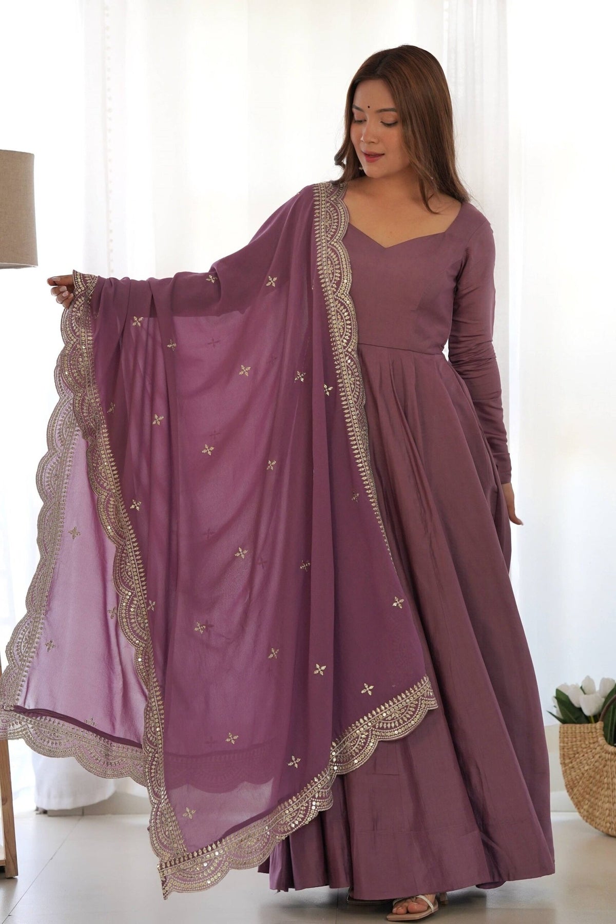 Mauve Pure Romansilk Chanderi Anarkali Suit