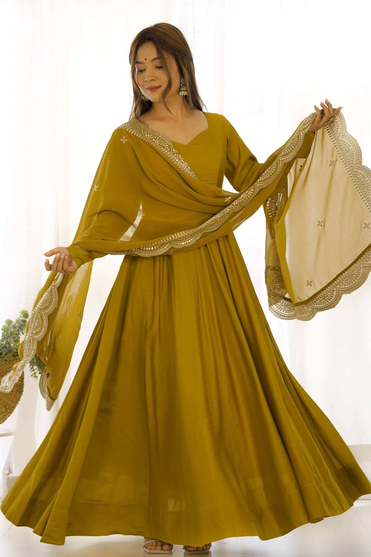 Mustard Chanderi Roman Silk Anarkali Gown