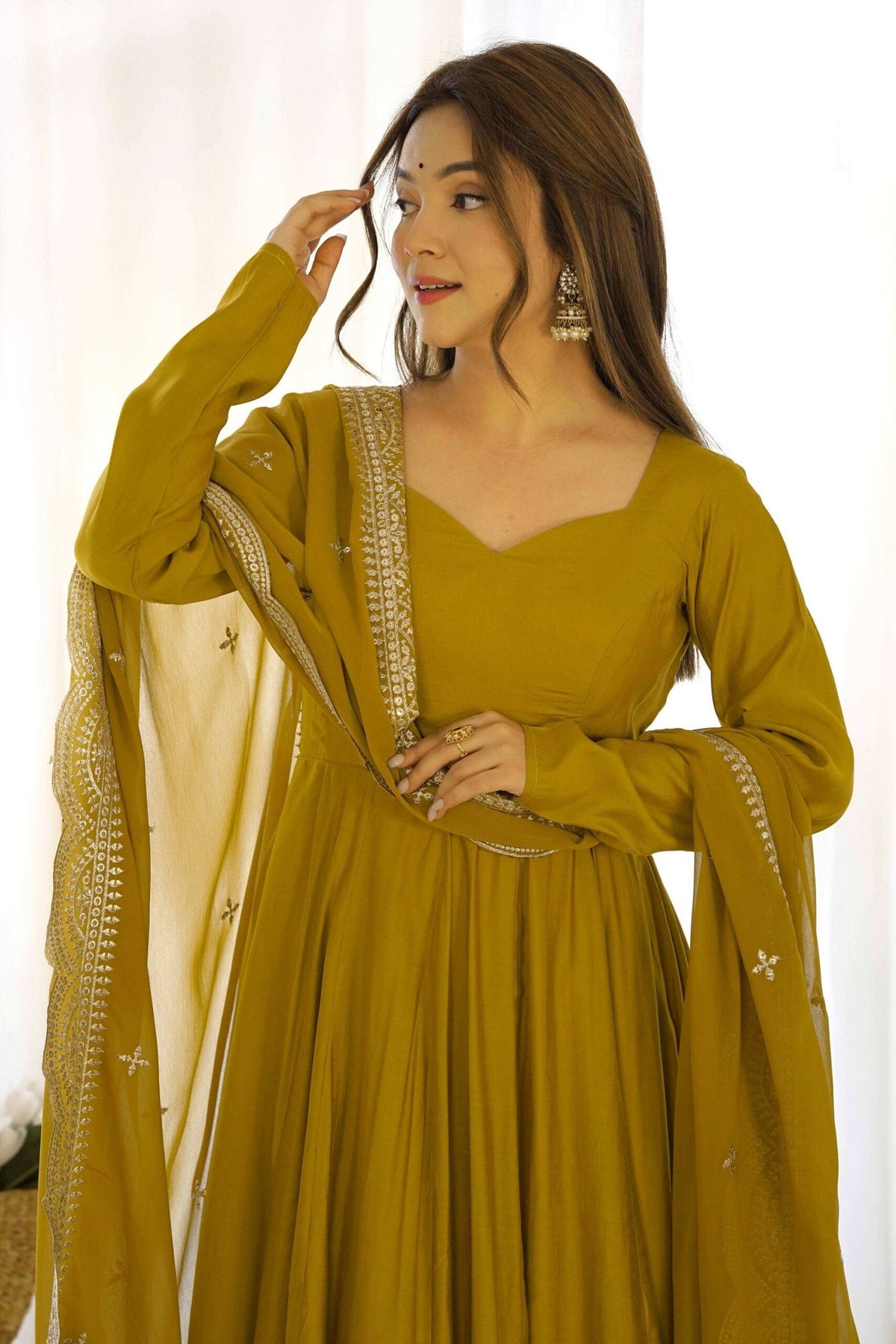 Mustard Chanderi Roman Silk Anarkali Gown
