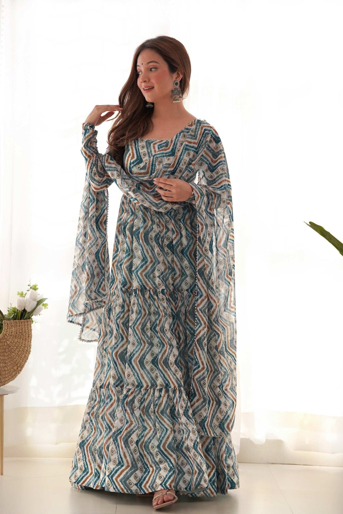 Light Blue Zigzag Print Georgette Gown