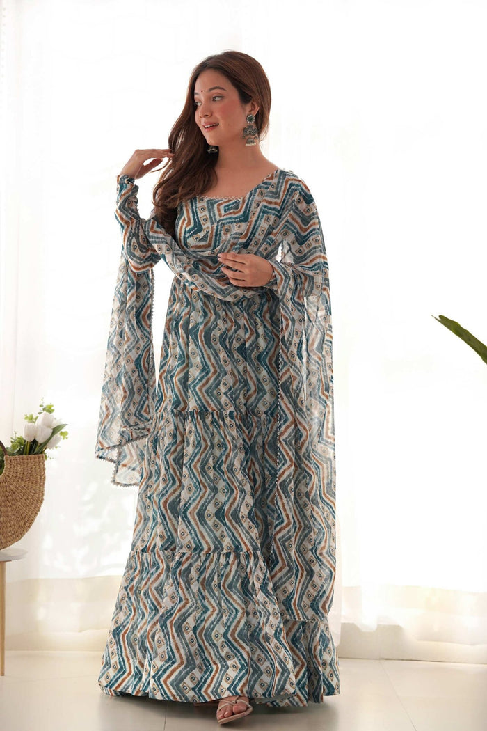 Light Blue Zigzag Print Georgette Gown