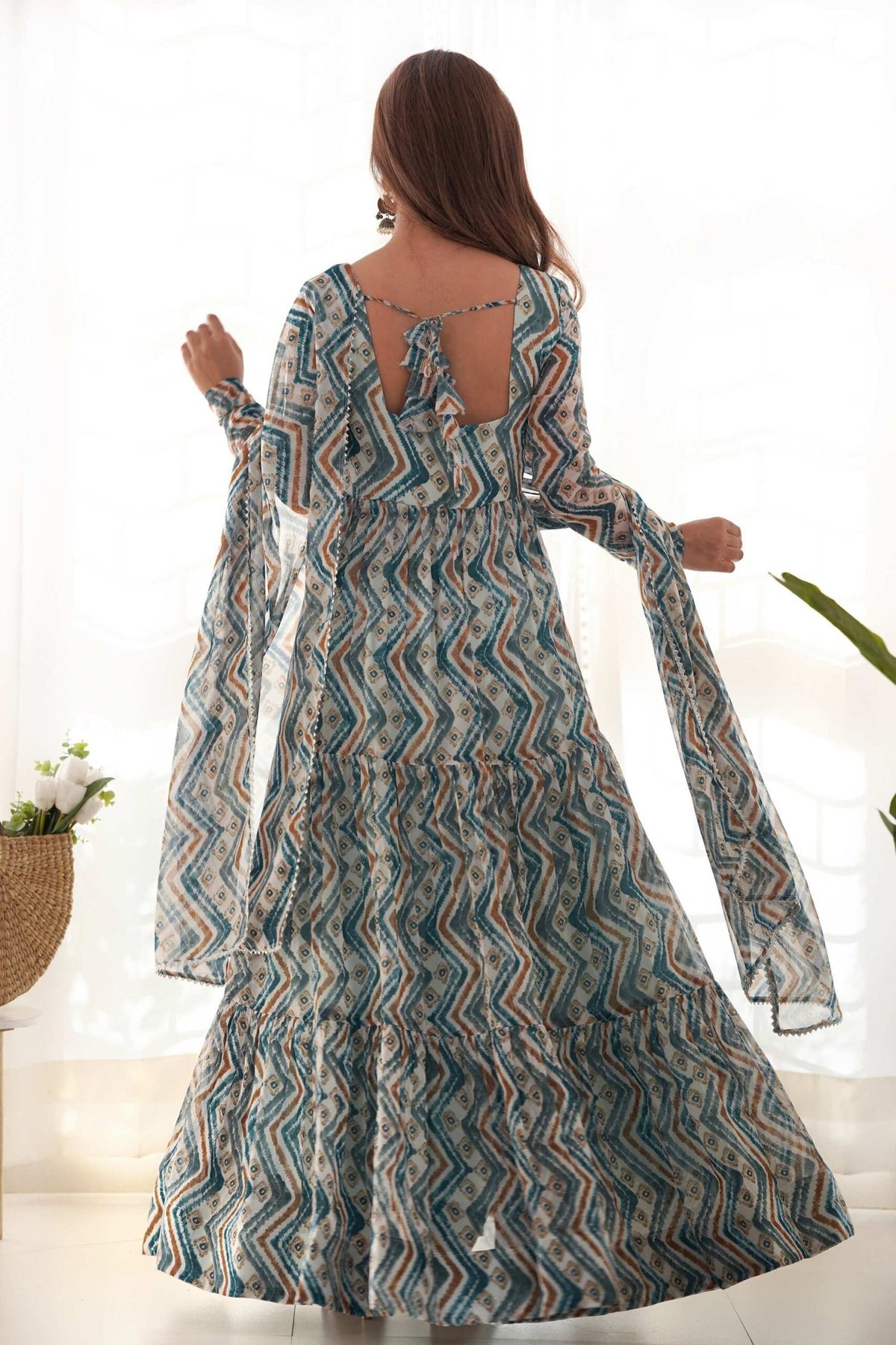 Light Blue Zigzag Print Georgette Gown
