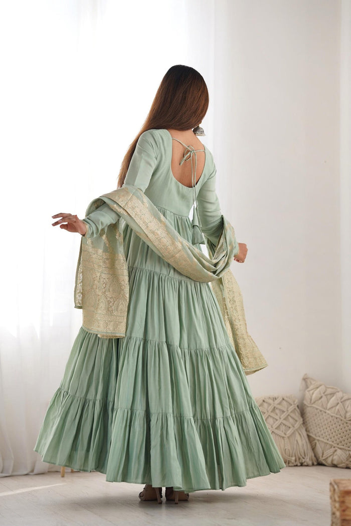 Pistachio Green Roman Silk Anarkali Gown Set