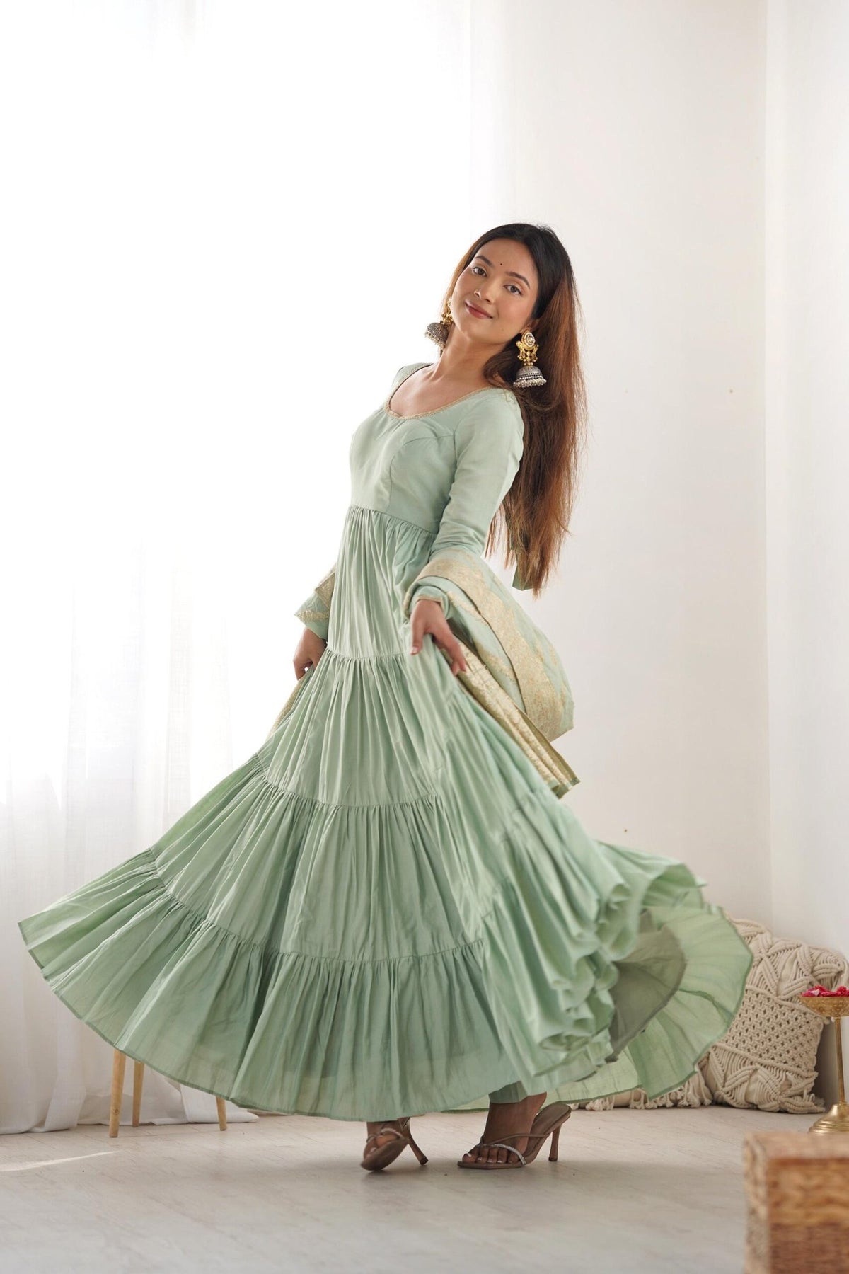 Pistachio Green Roman Silk Anarkali Gown Set
