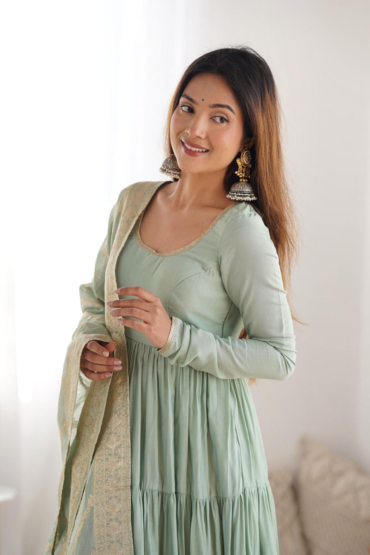 Pistachio Green Roman Silk Anarkali Gown Set