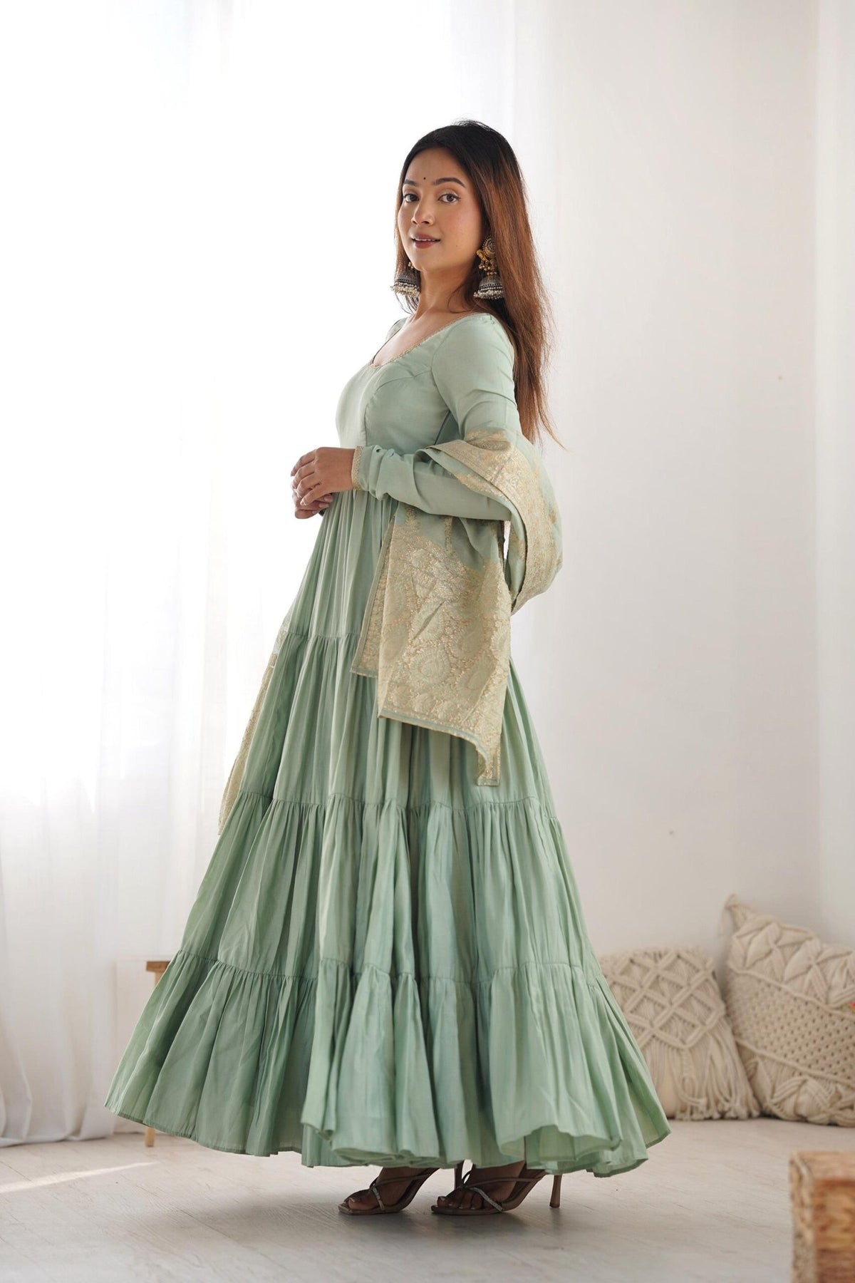 Pistachio Green Roman Silk Anarkali Gown Set