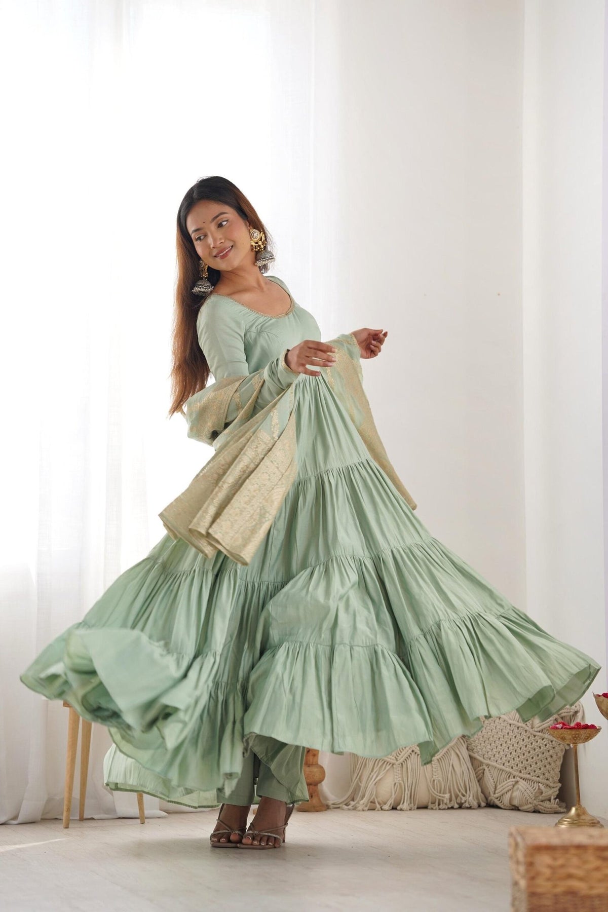Pistachio Green Roman Silk Anarkali Gown Set