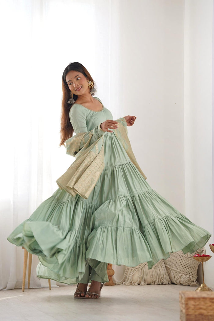 Pistachio Green Roman Silk Anarkali Gown Set