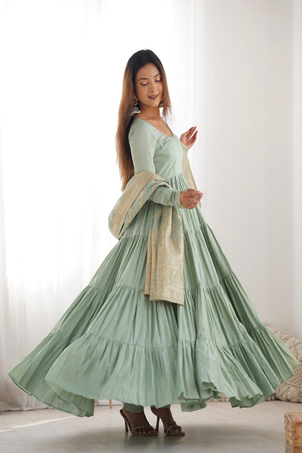 Pistachio Green Roman Silk Anarkali Gown Set