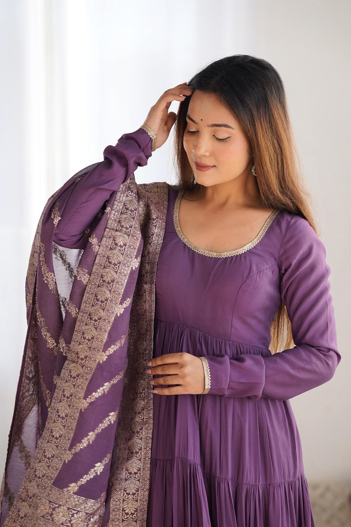 Lavender Roman Silk Chanderi Anarkali Suit Set