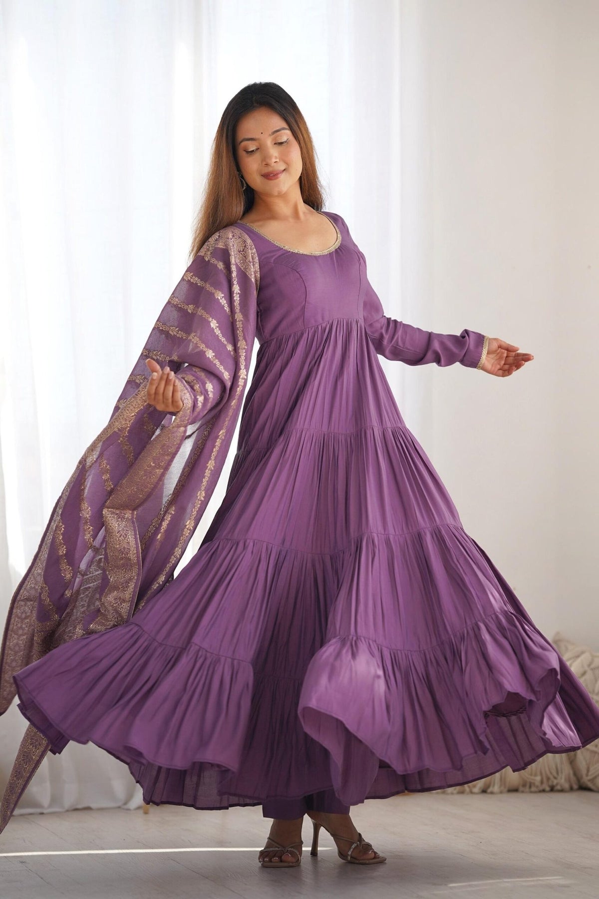 Lavender Roman Silk Chanderi Anarkali Suit Set