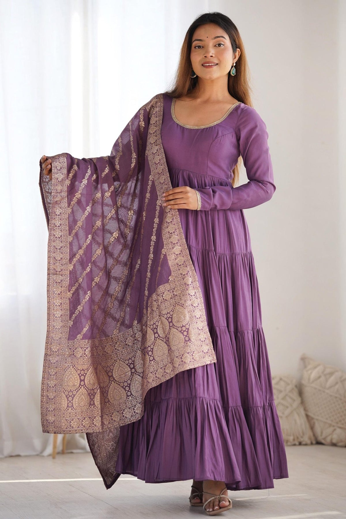 Lavender Roman Silk Chanderi Anarkali Suit Set