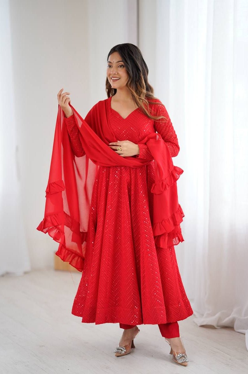 Red Color Lucknowi Work Anarkali Suit