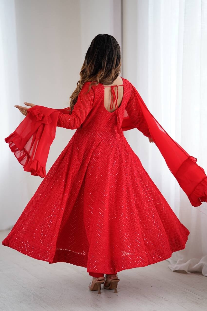 Red Color Lucknowi Work Anarkali Suit