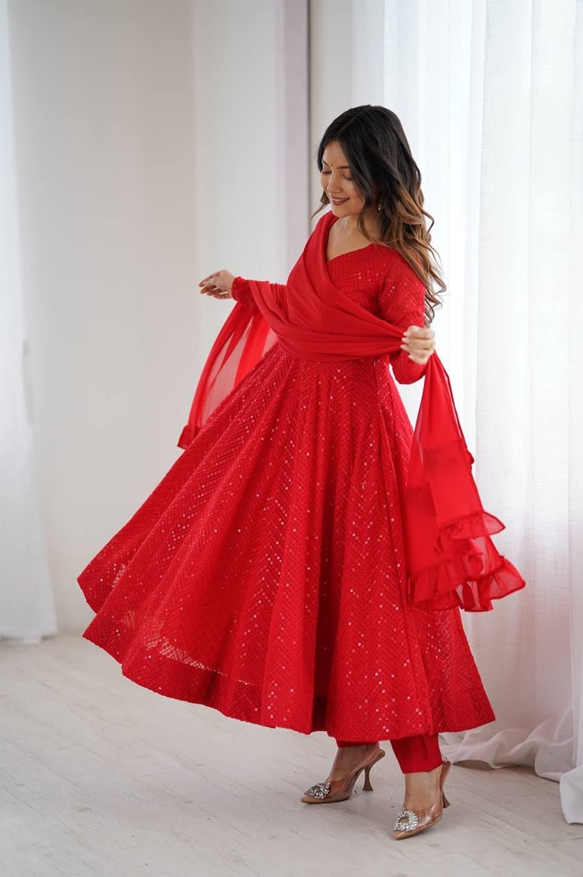 Red Color Lucknowi Work Anarkali Suit