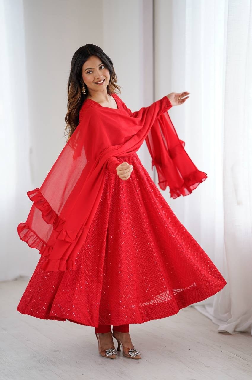 Red Color Lucknowi Work Anarkali Suit