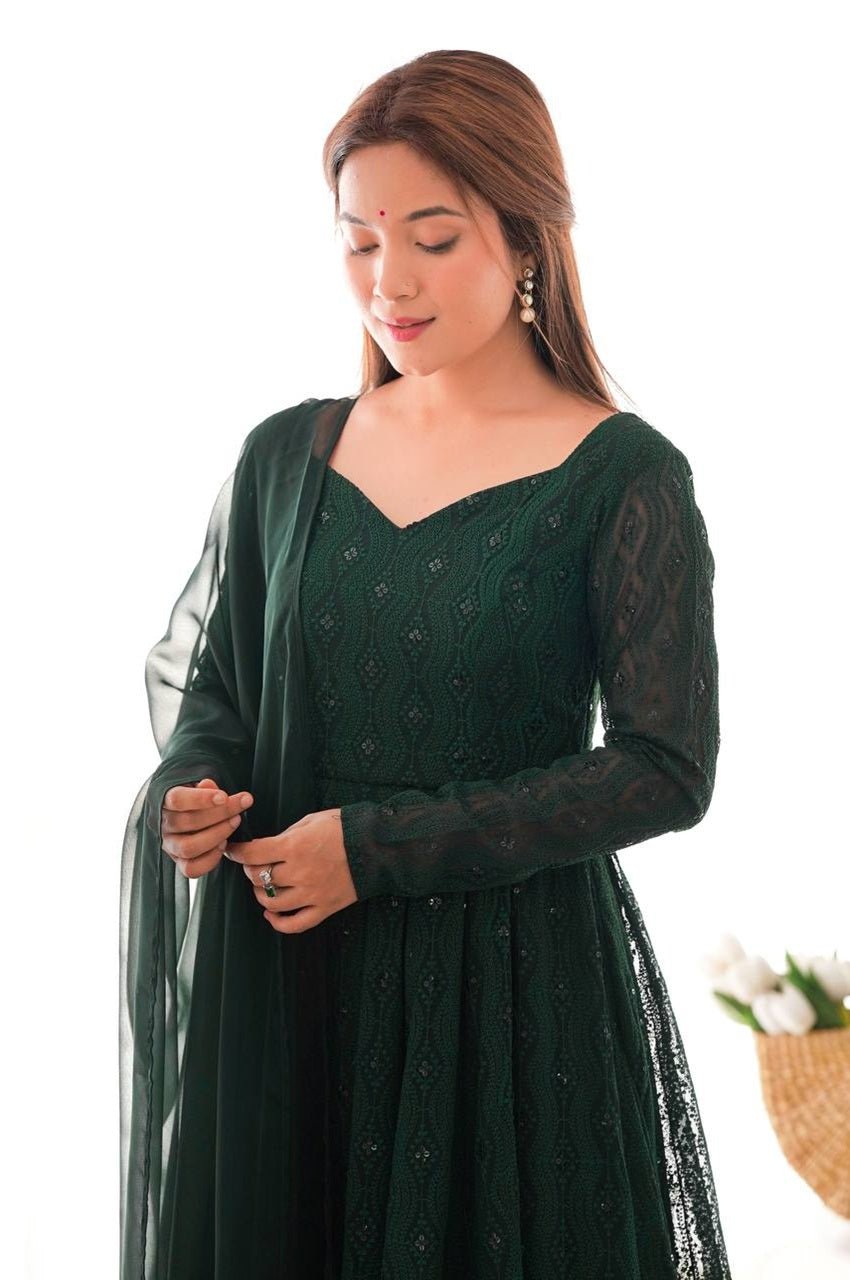 Lucknowi Work Jungle Green Anarkali Suit