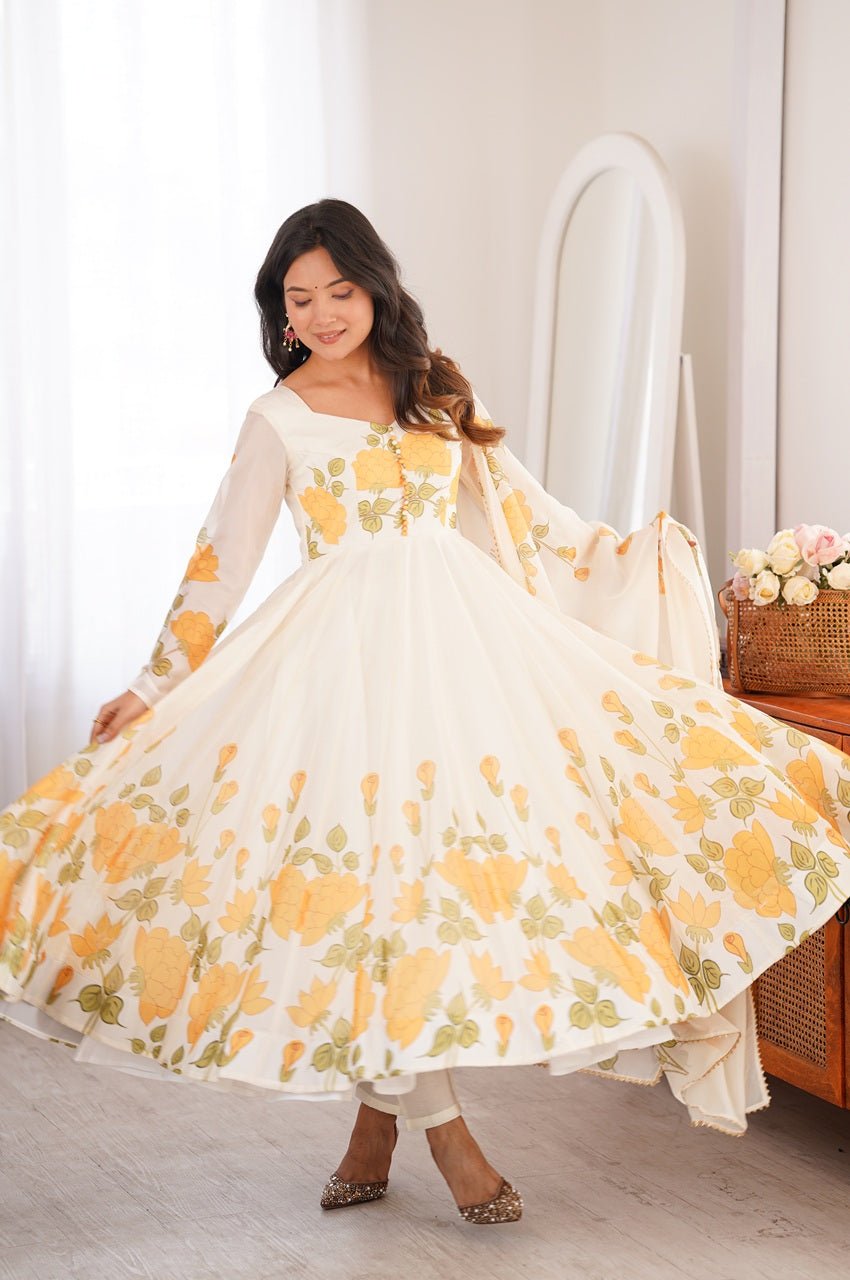 Yellow Flower Print Organza Silk Anarkali Set