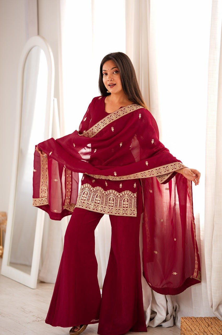 Premium Maroon Crunchy Silk Kurta Bell Bottom Set