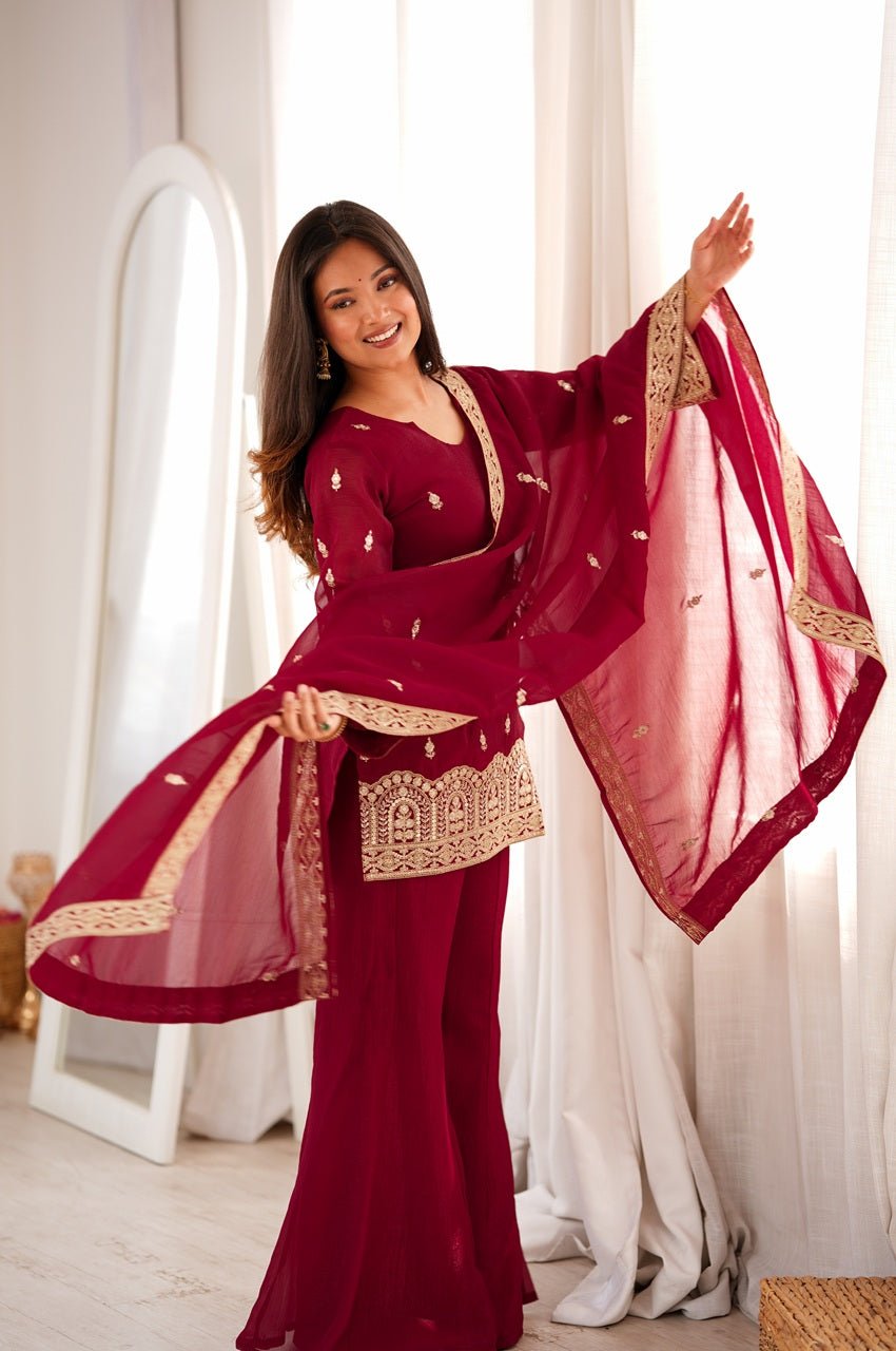 Premium Maroon Crunchy Silk Kurta Bell Bottom Set